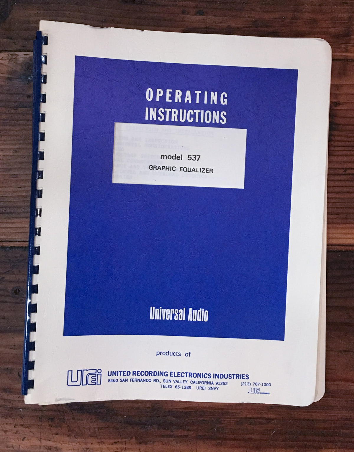 Urei Model 537 Graphic Equalizer Owner Instruction Manual *Original*