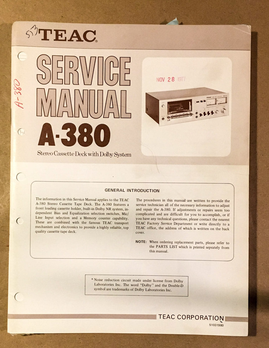Teac / Tascam Model A-380 Cassette Service Manual *Original*