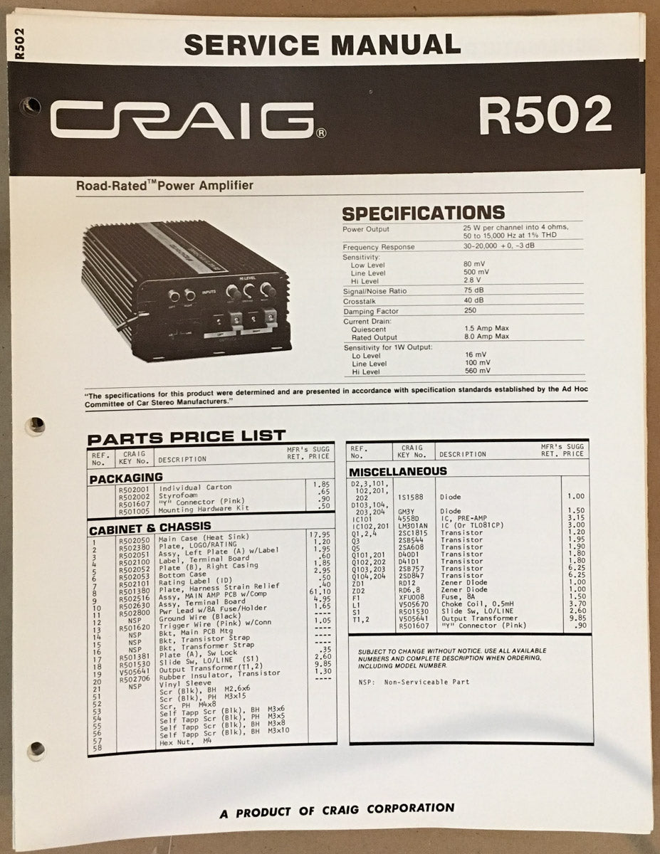 Craig Model R502 Car Amplifier Service Manual *Original*