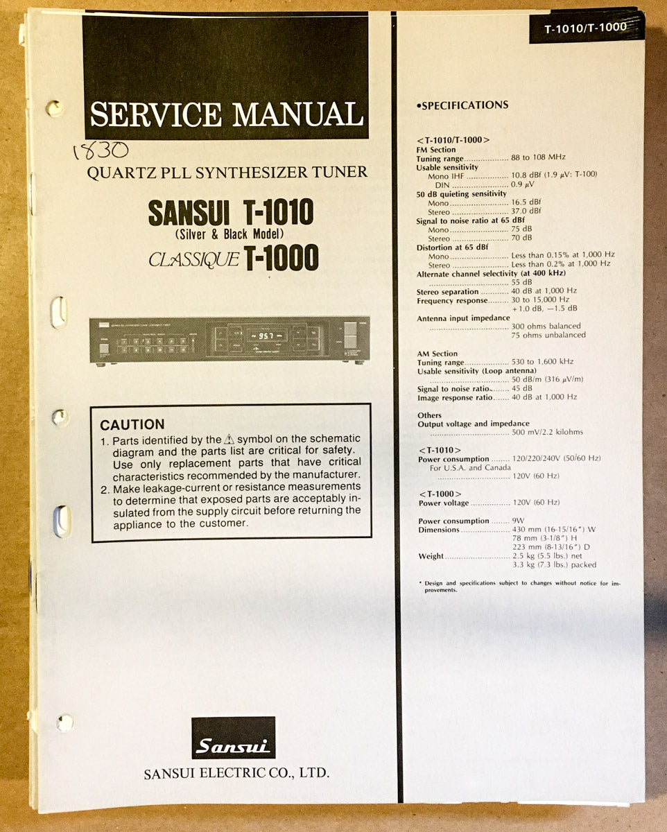 Sansui T-1010 T-1000 Tuner Service Manual *Original*