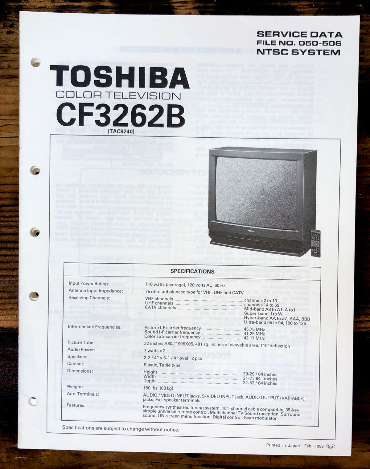 Toshiba CF3262B Service Manual *Original* #2