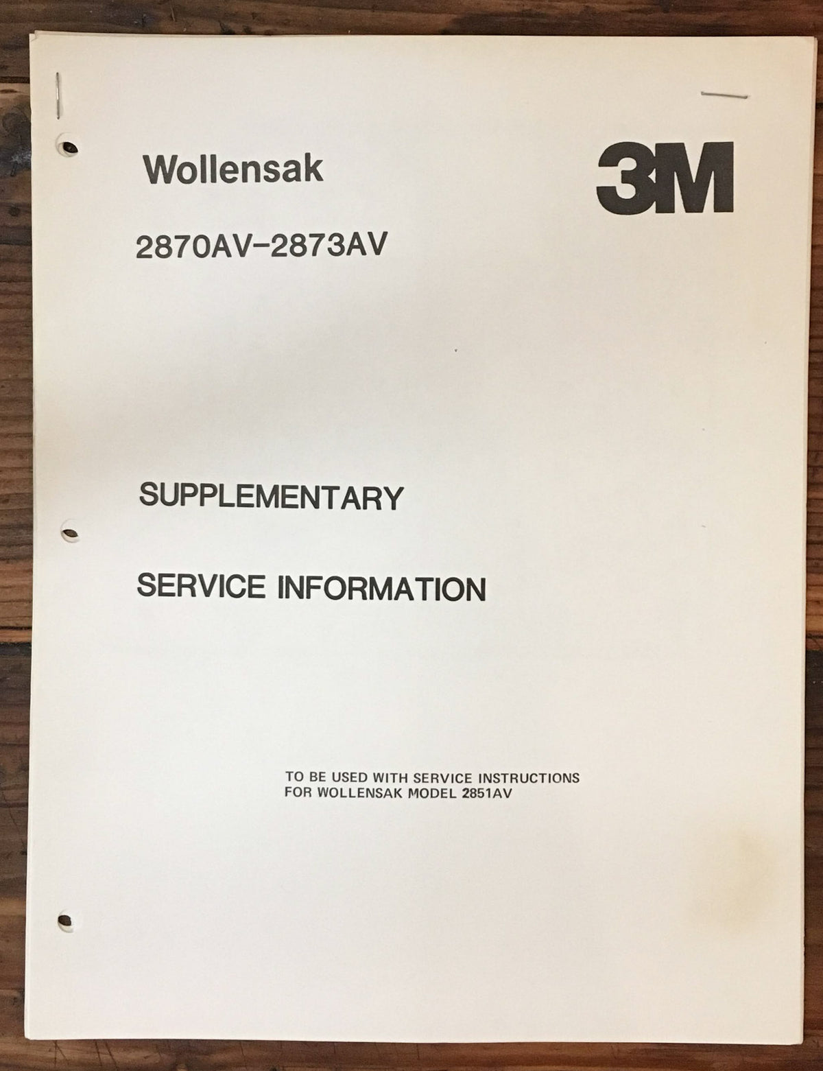 Wollensak 2870AV 2873AV 2870 AV 2873 AV Suppl. Service Manual *Original*