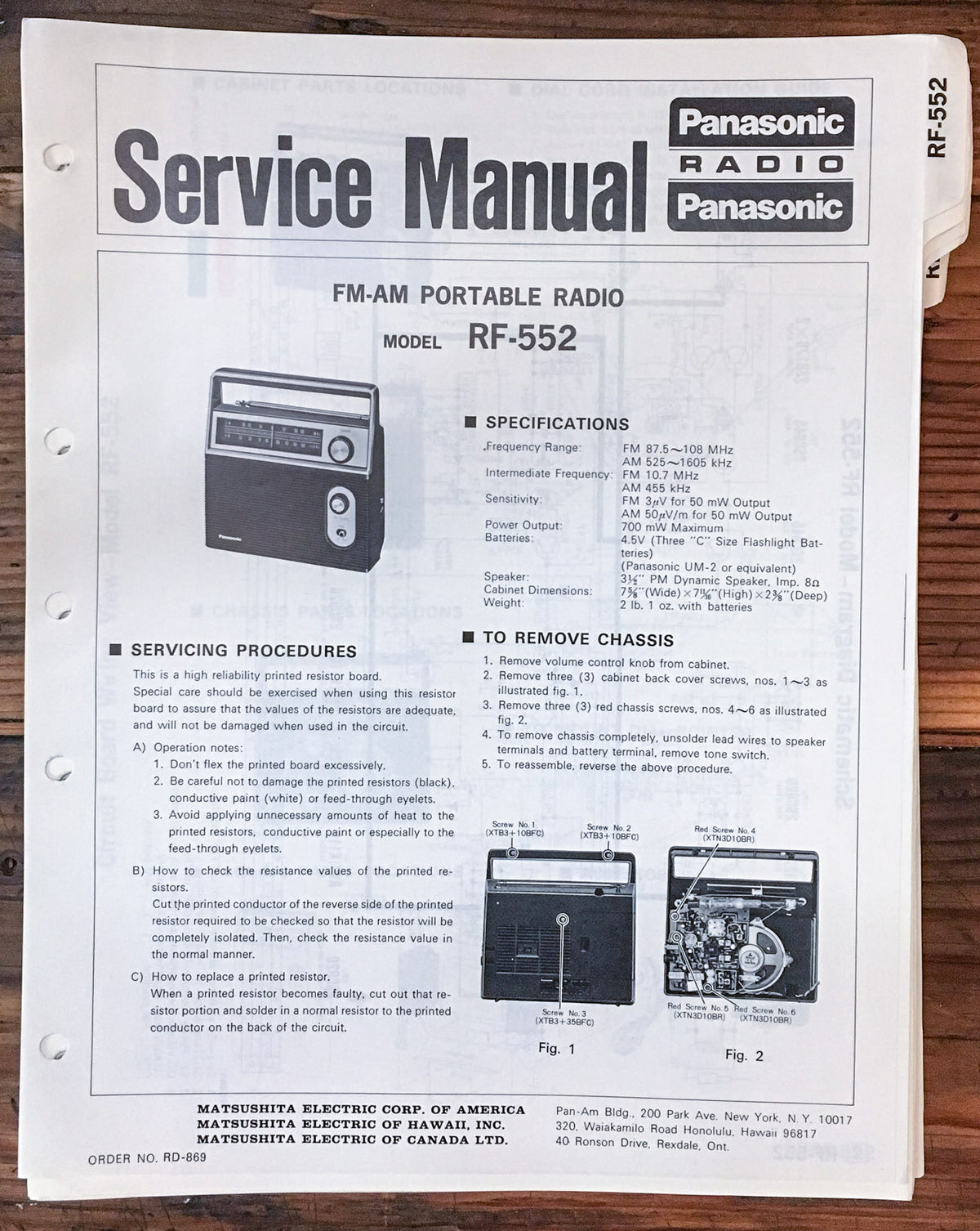 Panasonic RF-552 Radio Service Manual *Original*