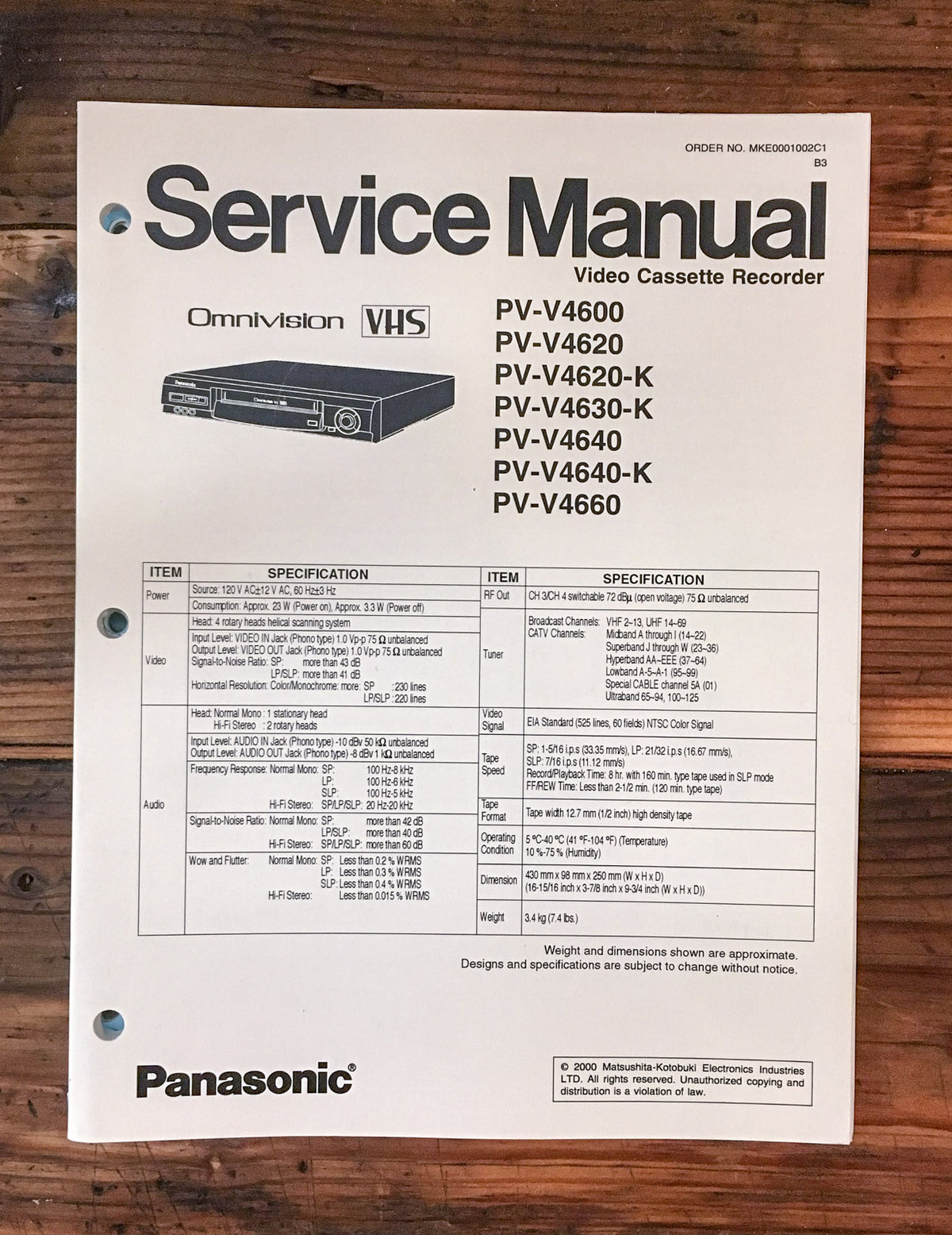 Panasonic PV-V4600 -V4620 -V4640 -V4660 VCR Service Manual *Original*