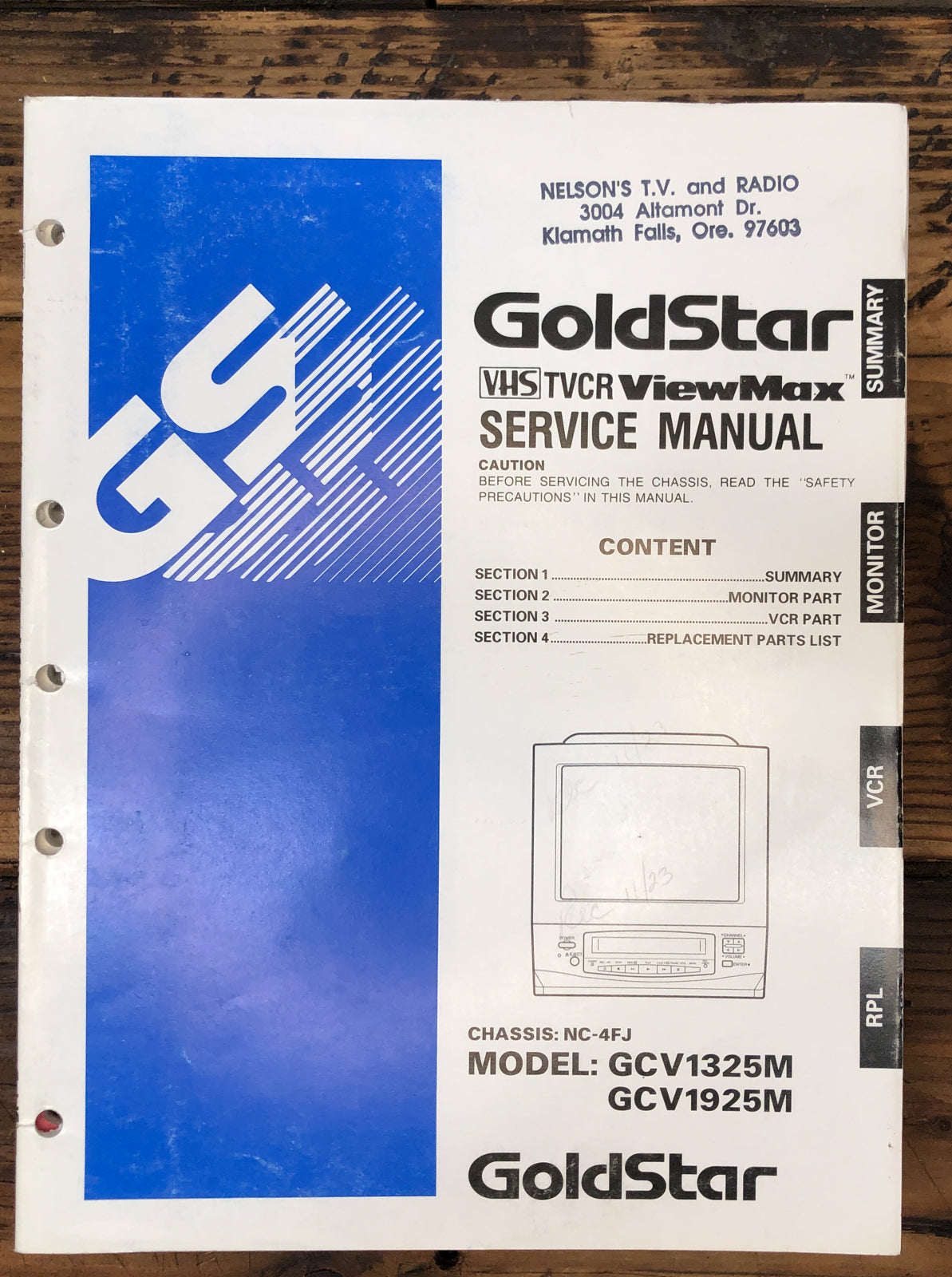 Goldstar GCV1325M GCV1925M TV VCR Service Manual *Original*