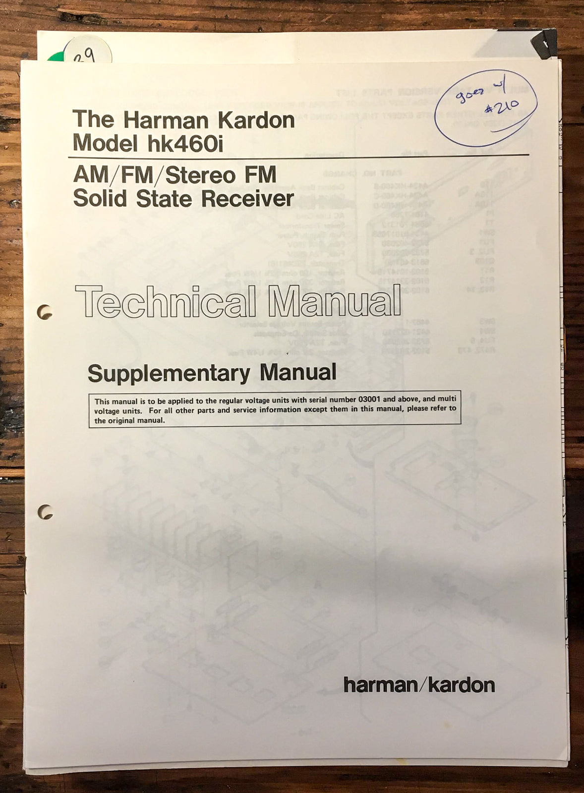 Harman Kardon HK460i HK 460i Service Manual Supple. *Original*