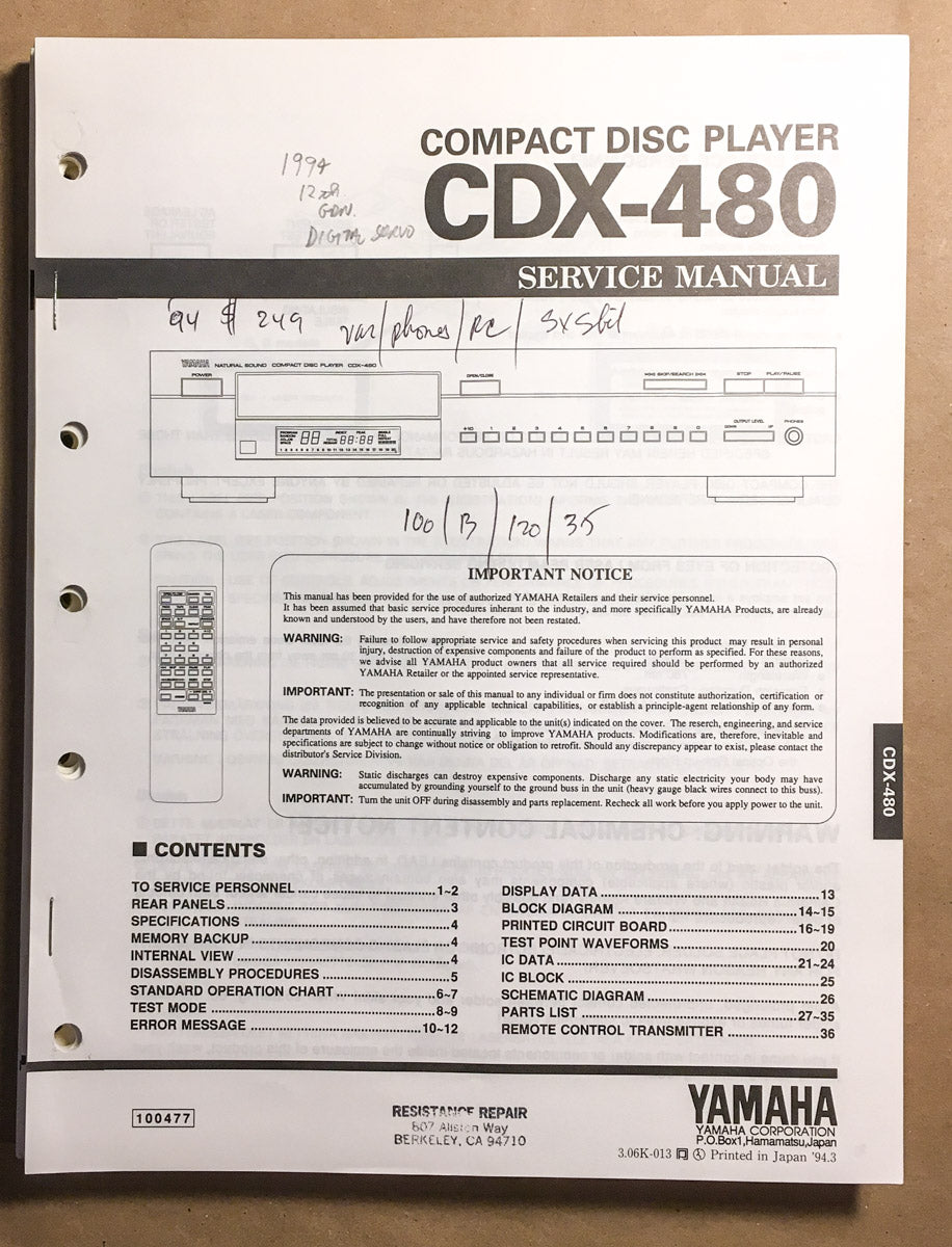 Yamaha CDX-480 CD Player Service Manual *Original*
