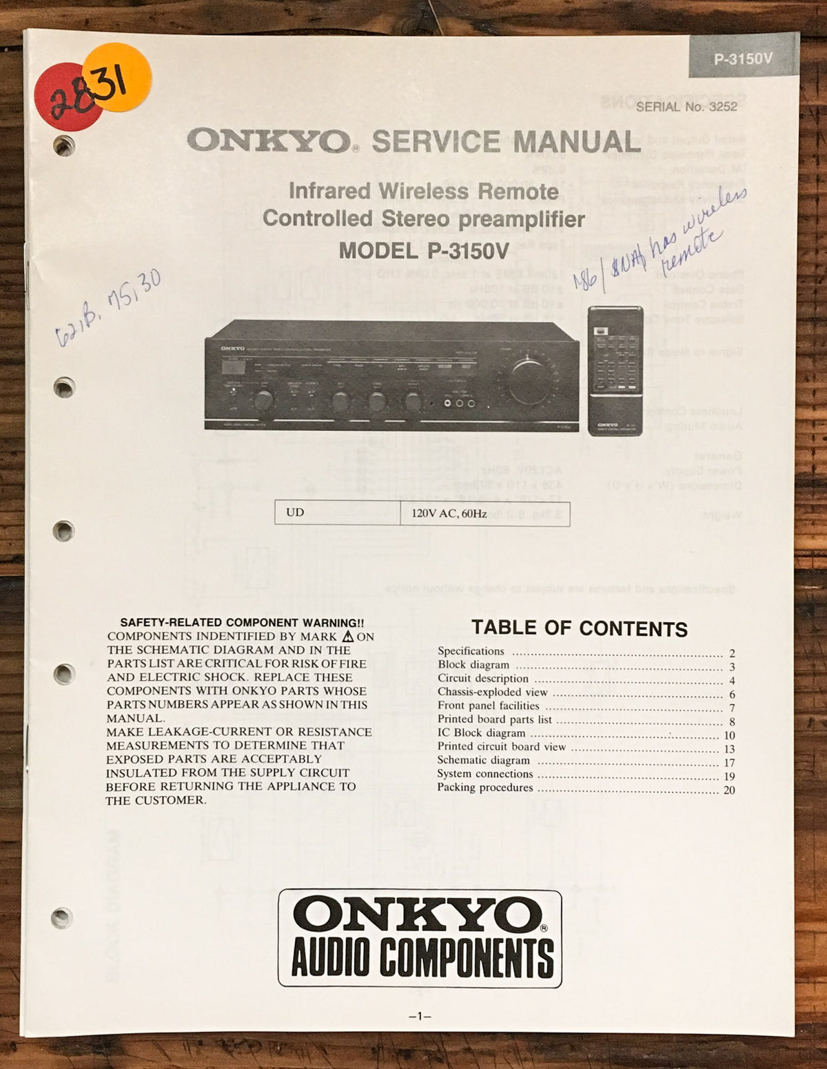Onkyo P-3150V P-3150 V Preamp / Preamplifier Service Manual *Original*
