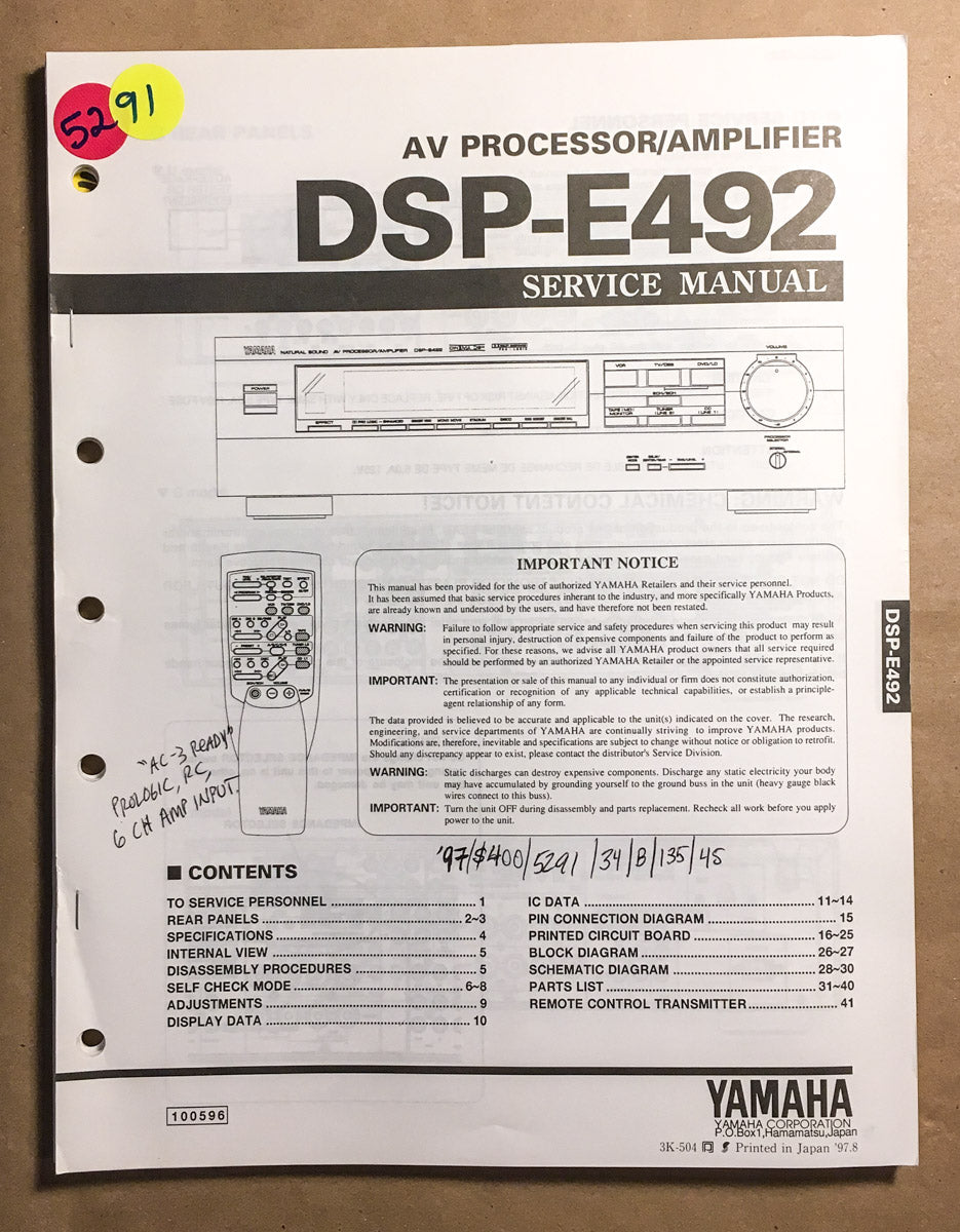 Yamaha DSP-E492 Digital Processor Service Manual *Original*