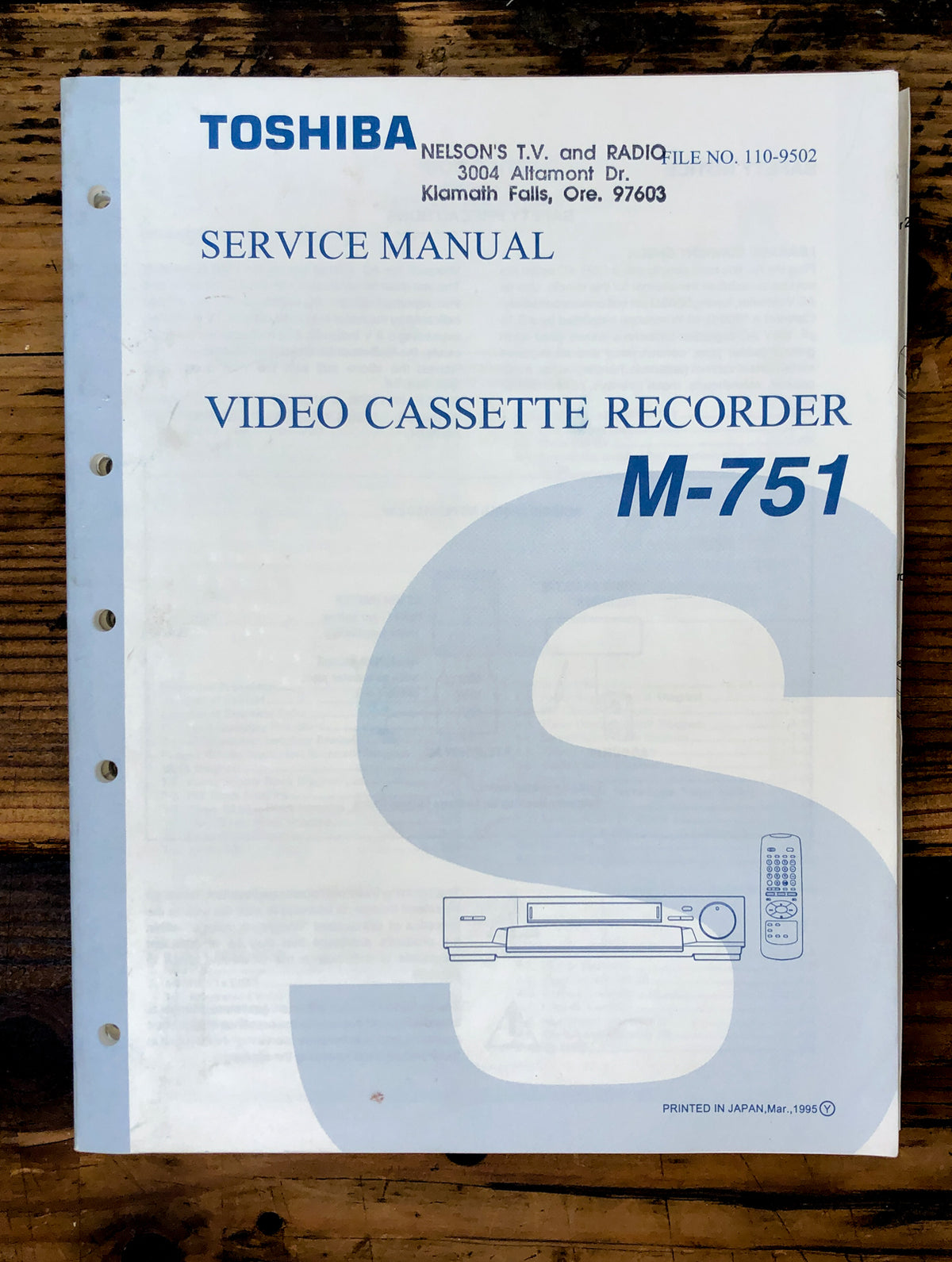 Toshiba M-751 VCR Service Manual *Original*