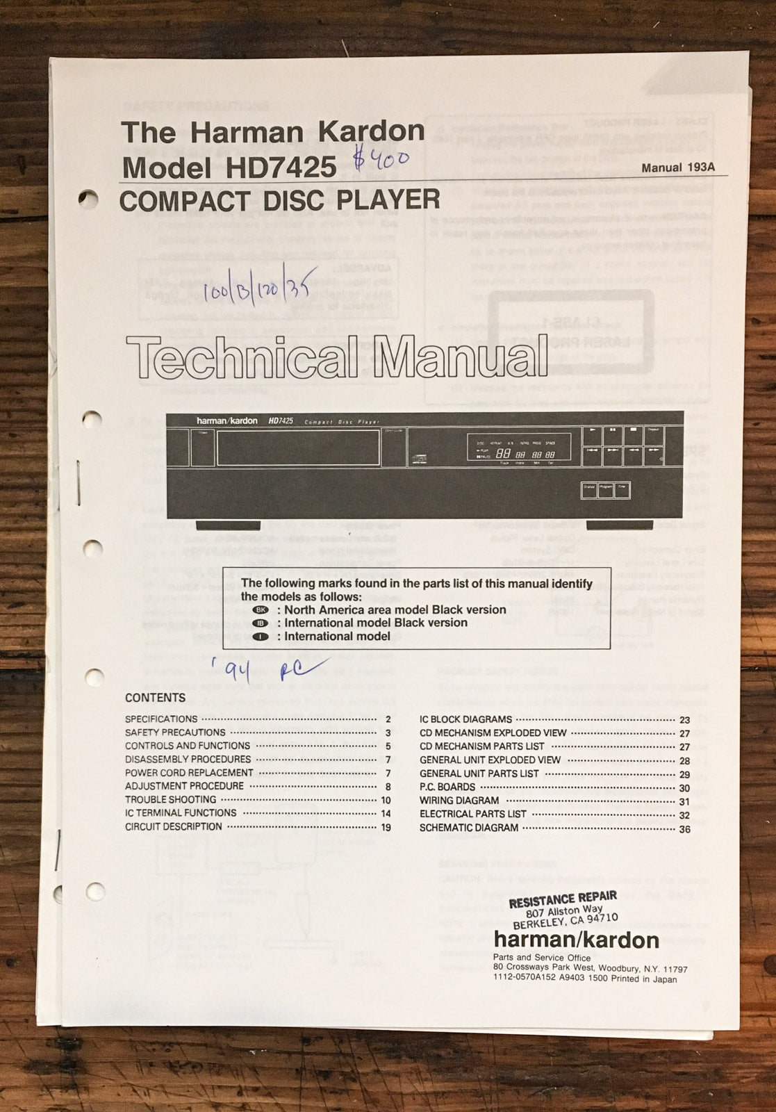 Harman Kardon 7425 HD-7425 CD Player Service Manual *Original*