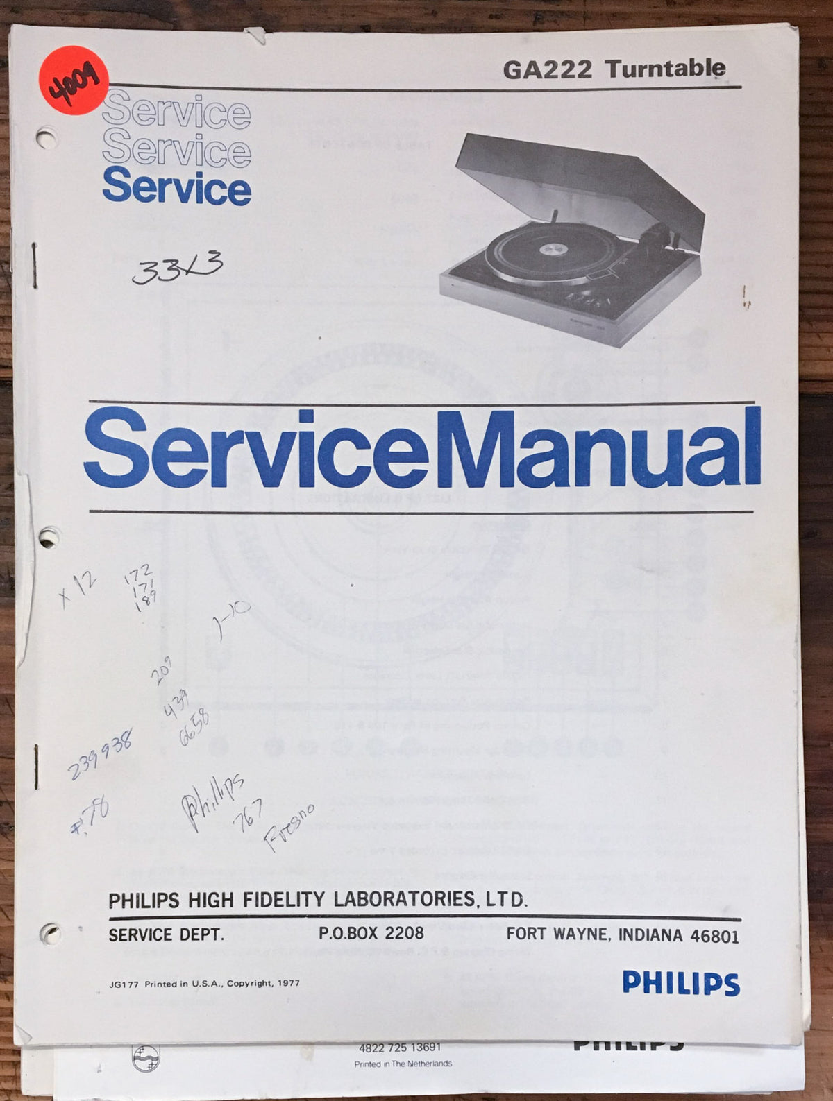 Philips GA-222 GA222 Record Player / Turntable Service Manual *Original* #1