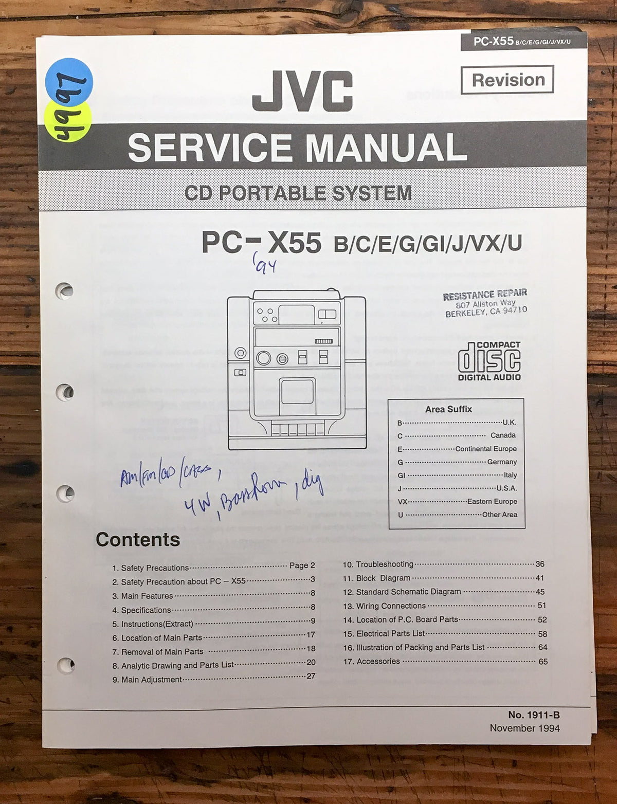 JVC PC-X55 Stereo Service Manual *Original*