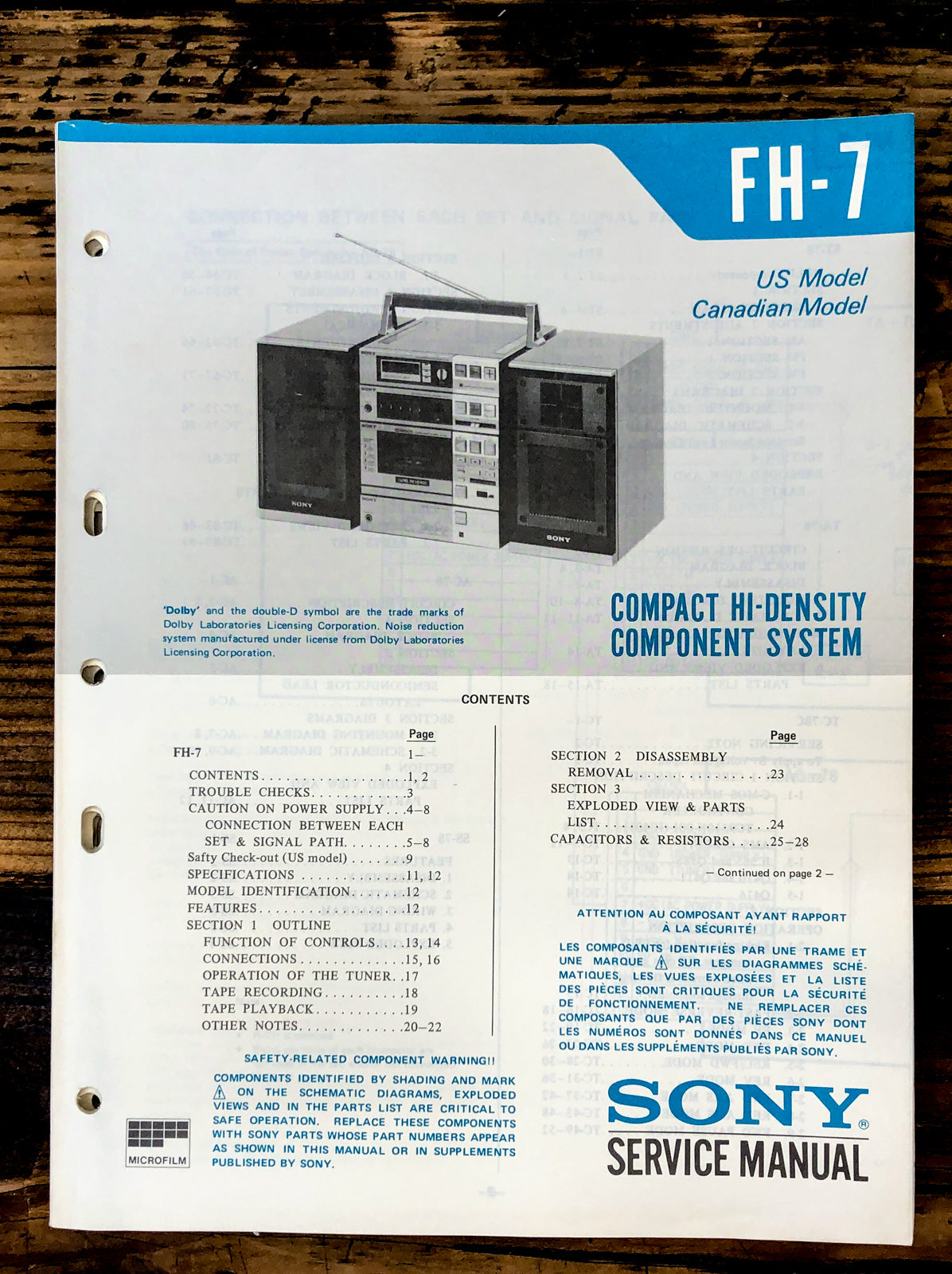 Sony FH-7 Stereo Service Manual *Original*