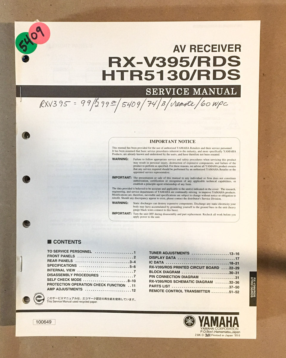 Yamaha RX-V395 RDS HTR-5130 Receiver Service Manual *Original*