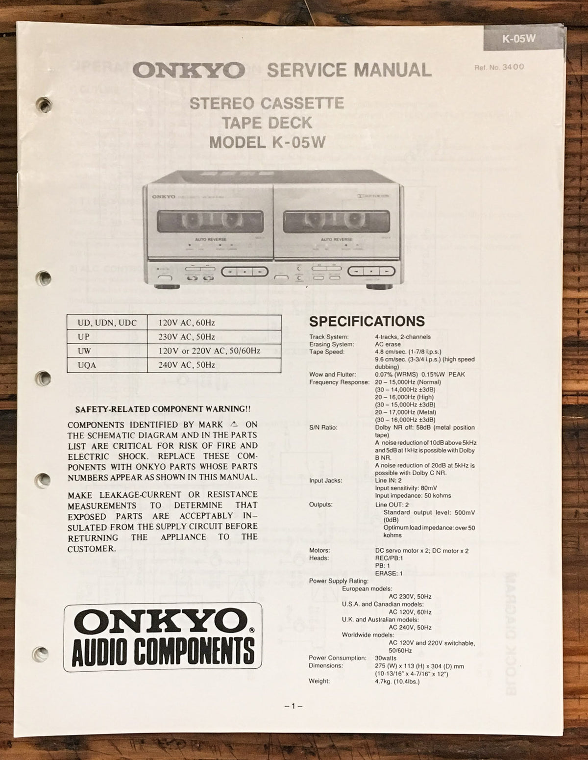 Onkyo K-05W Cassette Service Manual *Original*