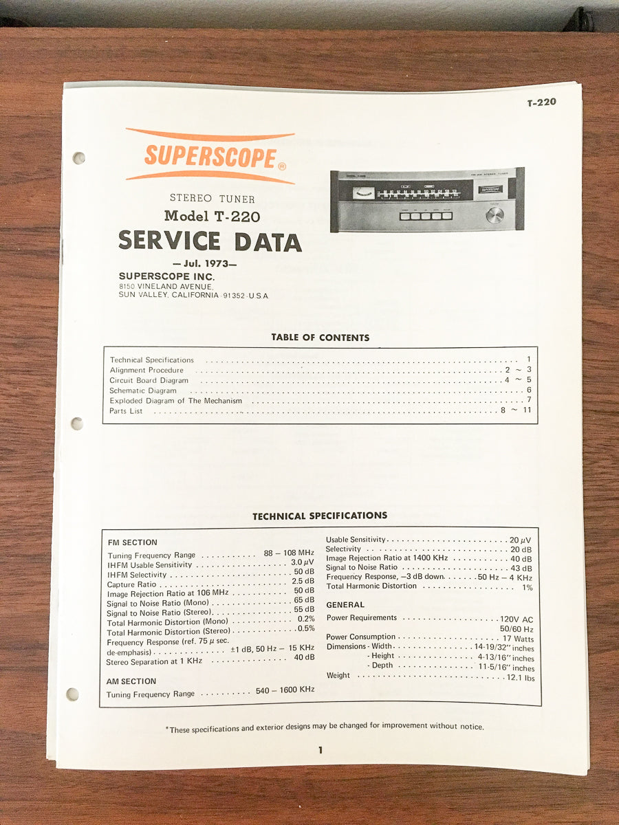 Superscope / Marantz T-220 Tuner Service Manual *Original*