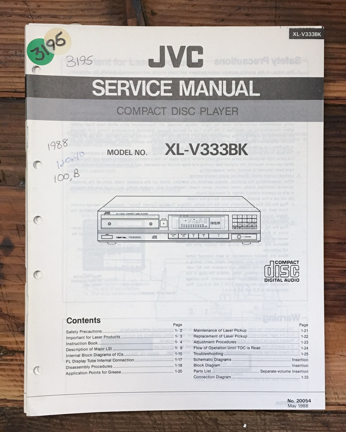 JVC XL-V333 BK CD Player Service Manual *Original*