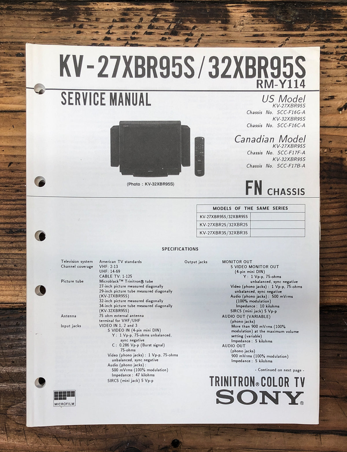 Sony KV-27XBR95S KV-32XBR95S TV Service Manual *Original*