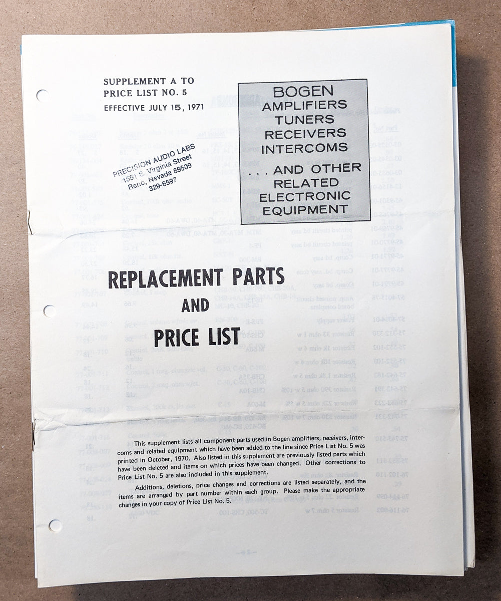 *Original* Bogen Amplifiers Receivers Confidential Parts and Price List #2