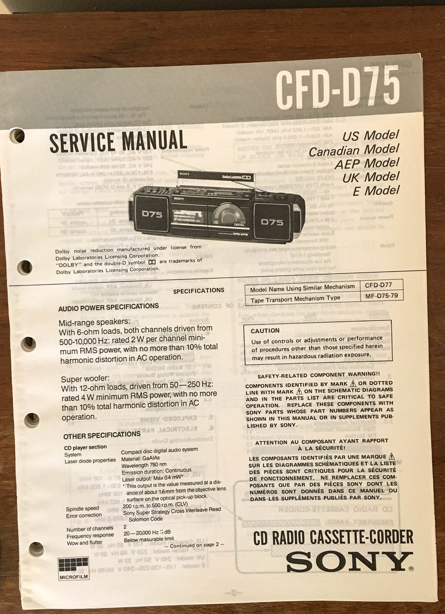 Sony CFDD75 Radio Cassette Recorder Service Manual *Original