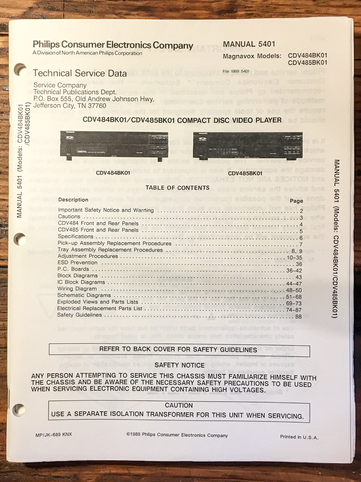 Philips CDV-484 CDV-485 CD CDV Player Service Manual *Original*