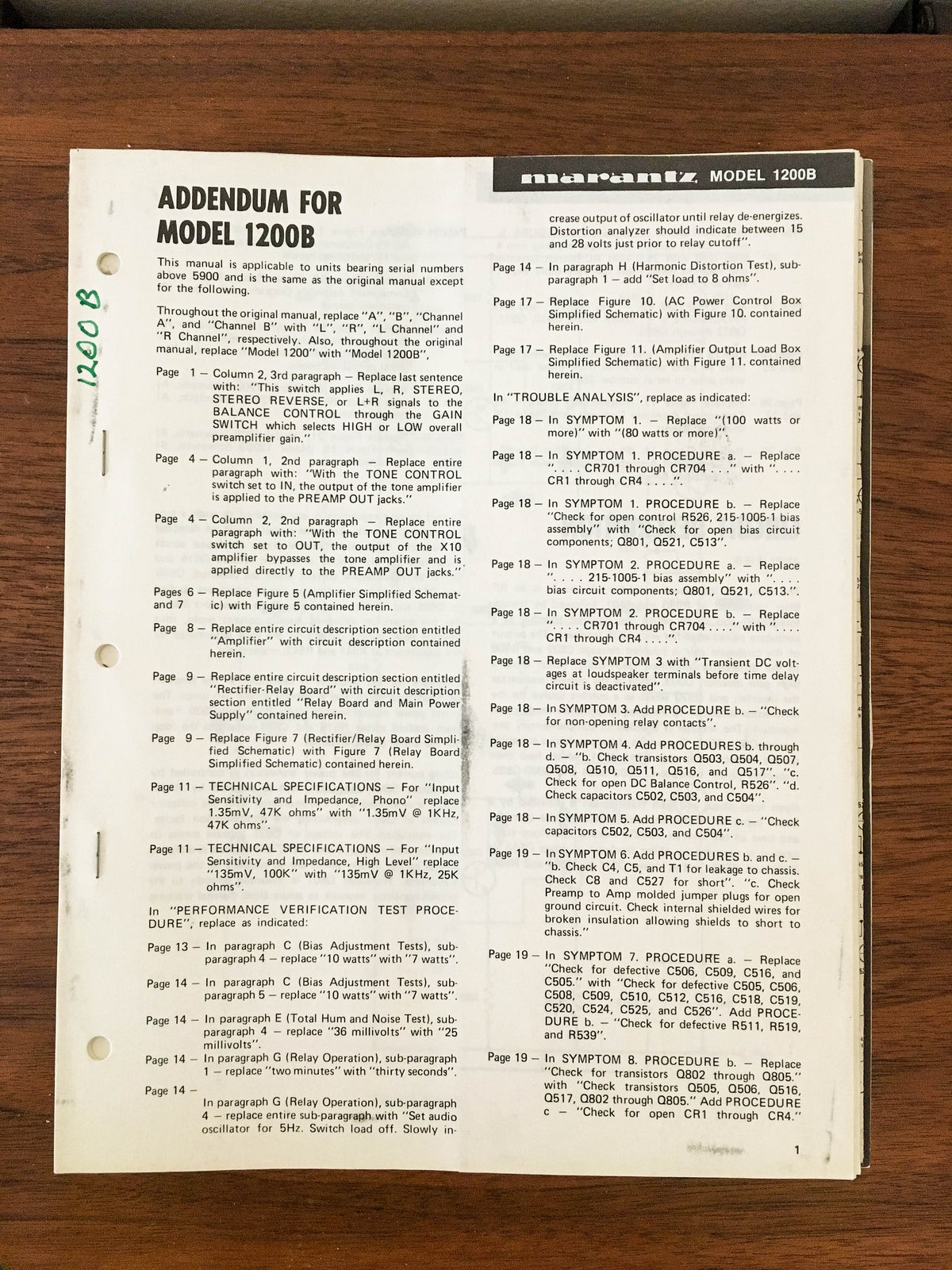 Marantz Model 1200B Preamp / Preamplifier Service Manual Addendum *Original* #1