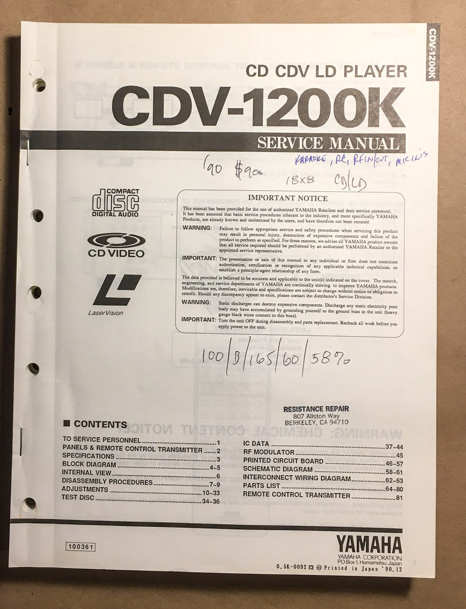Yamaha CDV-1200K CD CDV LD Player Service Manual *Original*