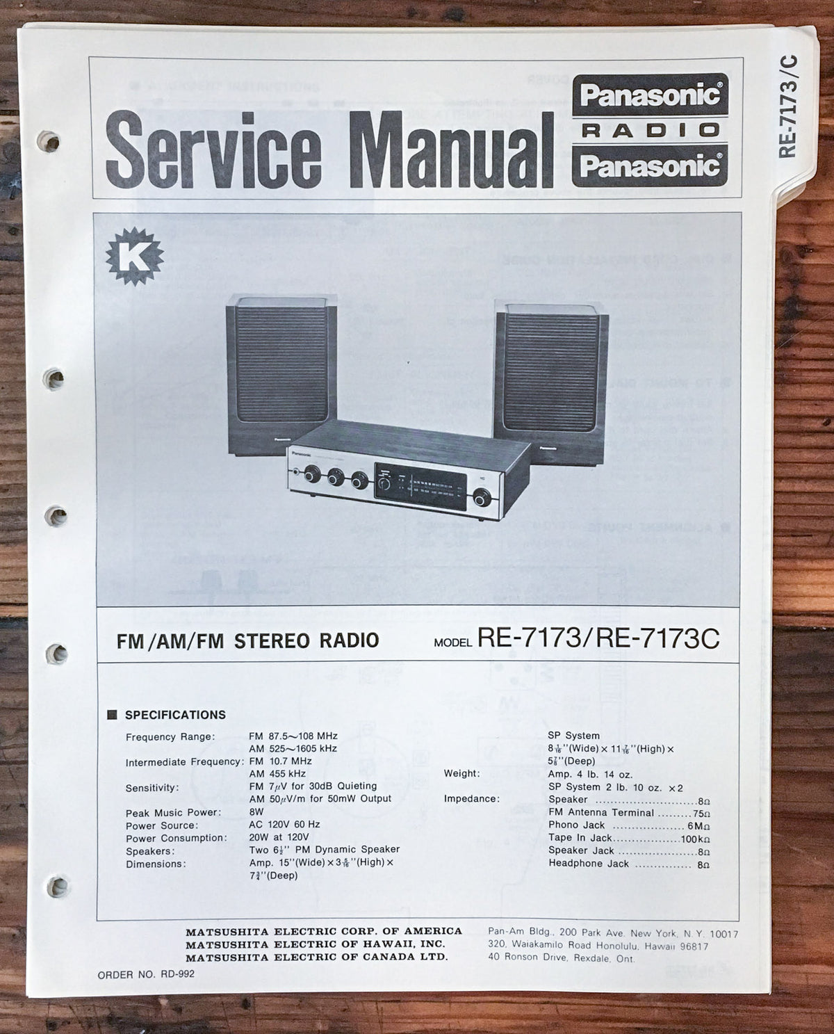 Panasonic RE-7173 RE-7173C Radio Service Manual *Original*