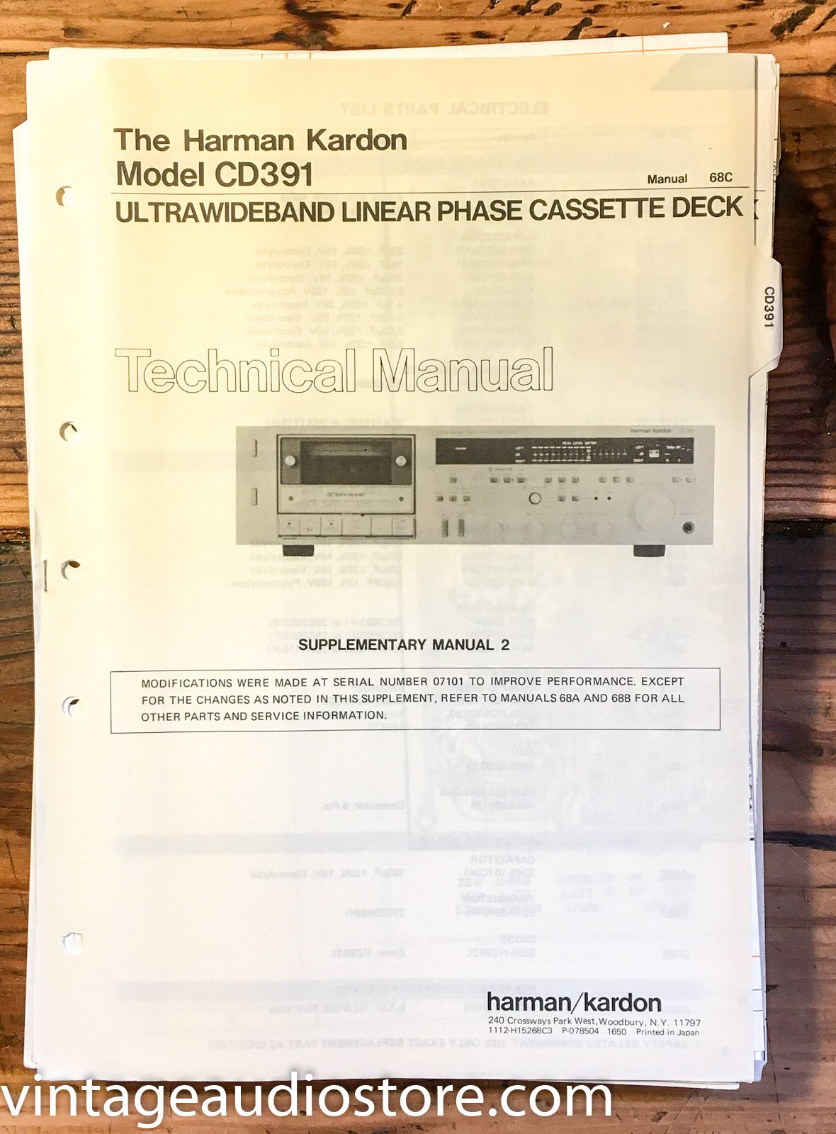 Harman Kardon CD391 CD391 Cassette Service Manual Supplement 2 *Original*