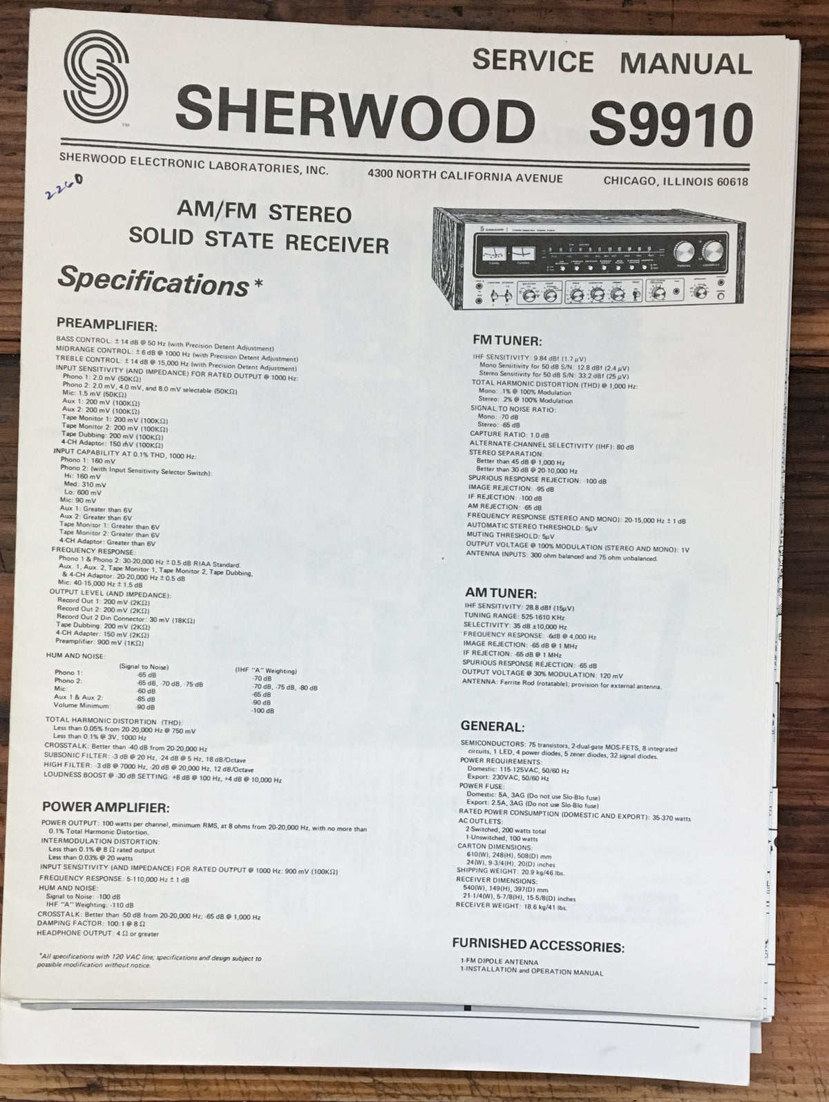 Sherwood S-9910 S9910 Receiver Service Manual *Original*