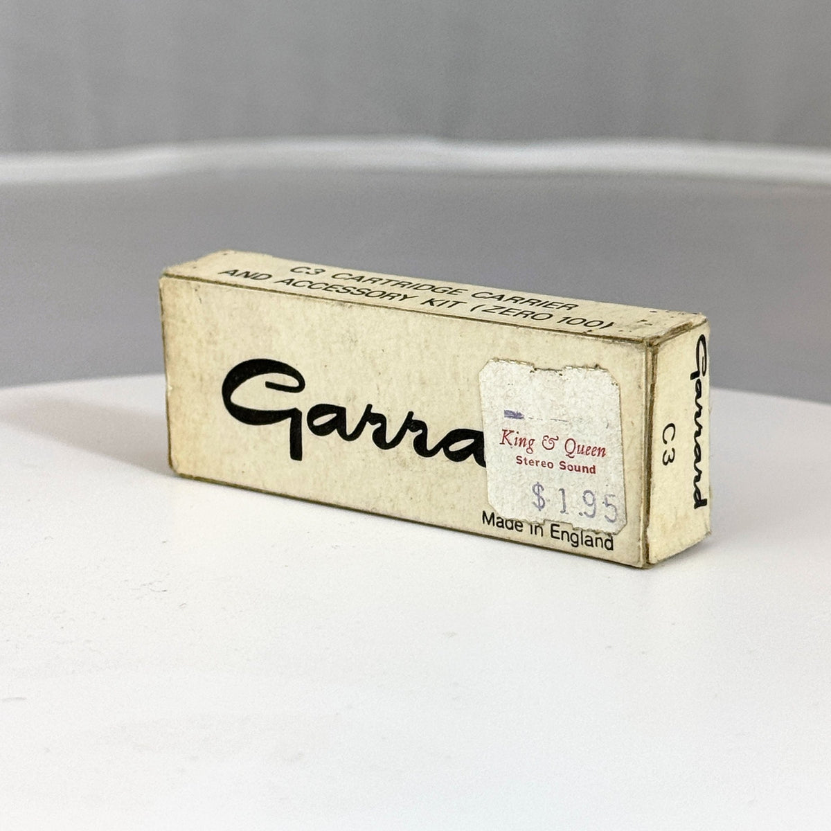 Vintage Garrard C3 Cartridge Carrier and Accessory Kit for Zero 100 - box side with King & Queen Stereo Sound price sticker