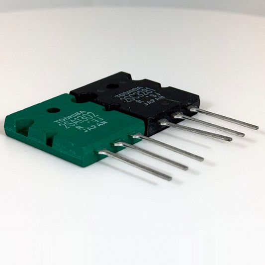 Toshiba 2SA1302 and 2SC3281 transistors, angled view