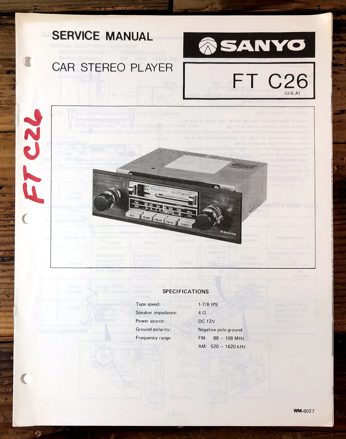 Sanyo FT C26 Car Stereo Player Service Manual *Original*