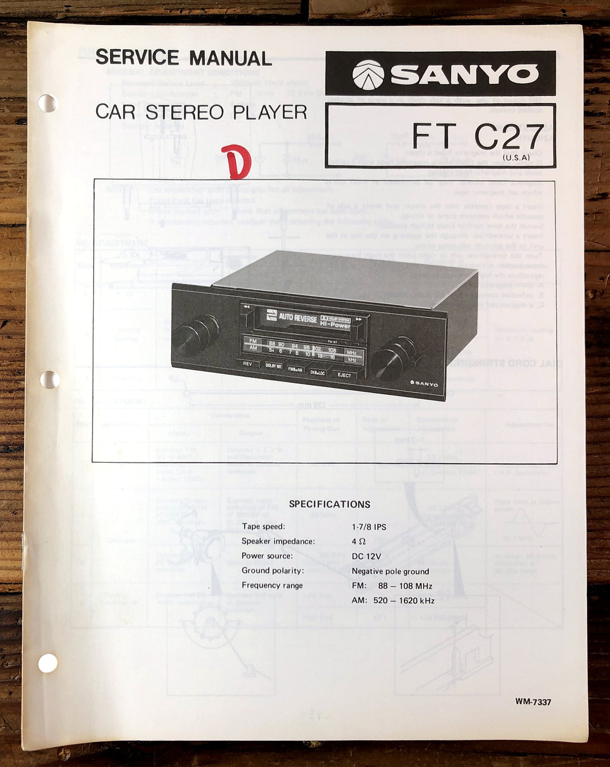 Sanyo FT C27 Car Stereo Player Service Manual *Original*