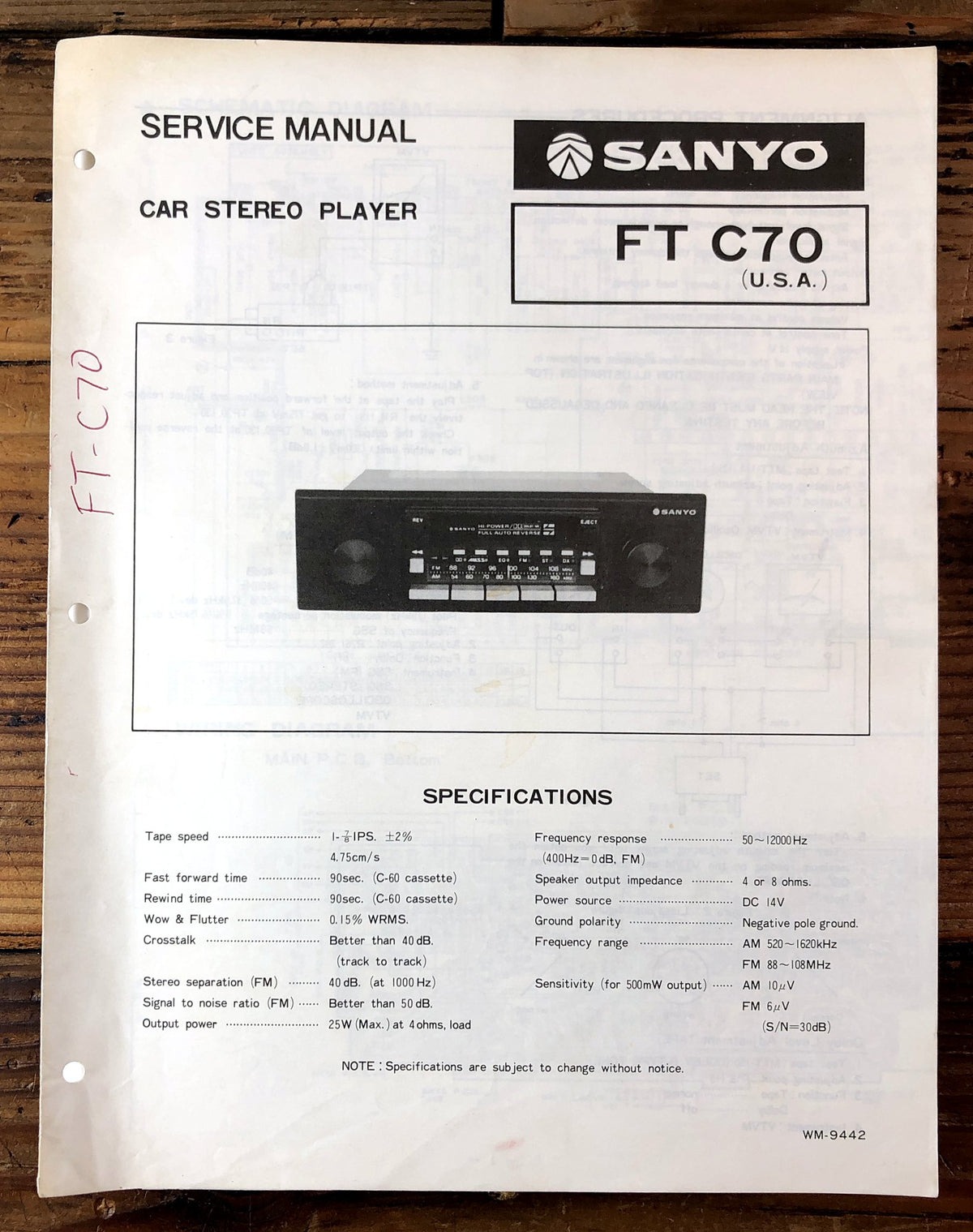 Sanyo FT C70 Car Stereo Player Service Manual *Original*
