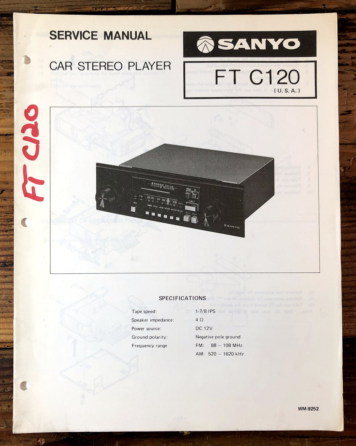 Sanyo FT C120 Car Stereo Player Service Manual *Original*