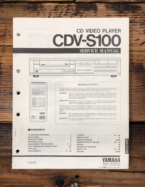 Yamaha CDV-S100 CD Video Player  Service Manual *Original*