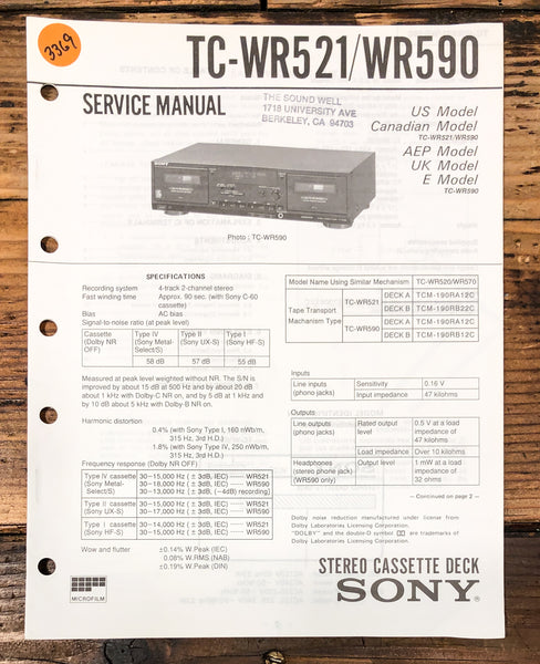 Sony TC-WR521 TC-WR590 Cassette  Service Manual *Original*