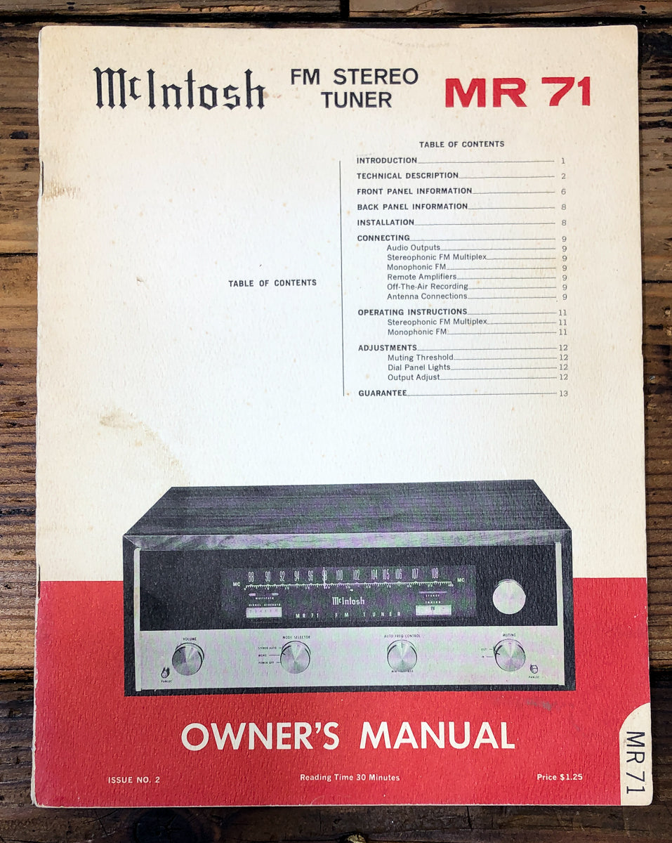 McIntosh MR-74  MR74 Tuner Issue 2 Owners / User Manual *Original*