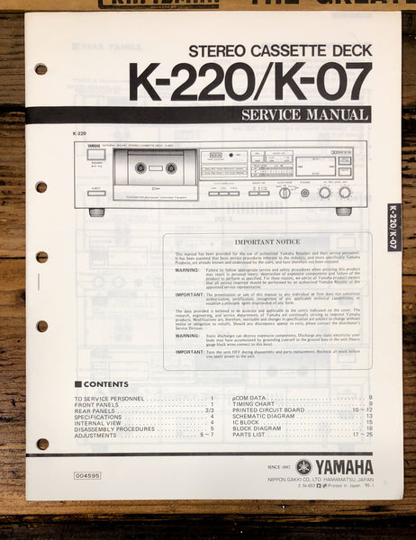 Yamaha K-220 K-07 Cassette  Service Manual *Original*
