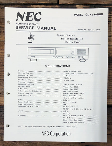 NEC CD-530 CD Player  Service Manual *Original*