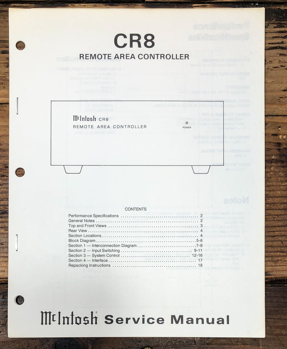 McIntosh CR-8 CR8 Remote Area Controller Service Manual *Original*