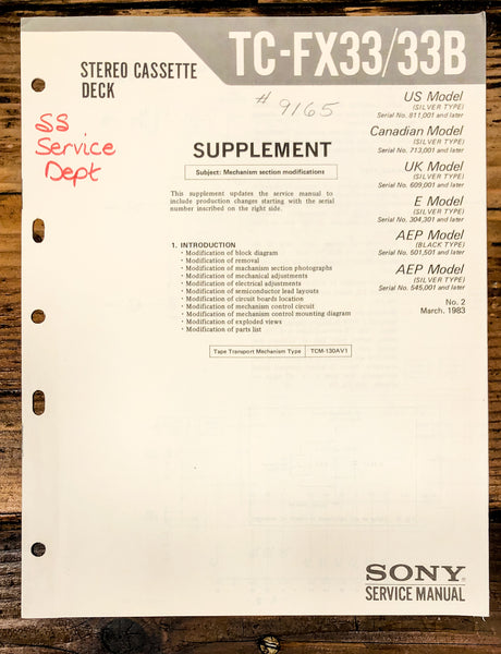 Sony TC-FX33 TC-FX33B Cassette Supp. Service Manual *Original*