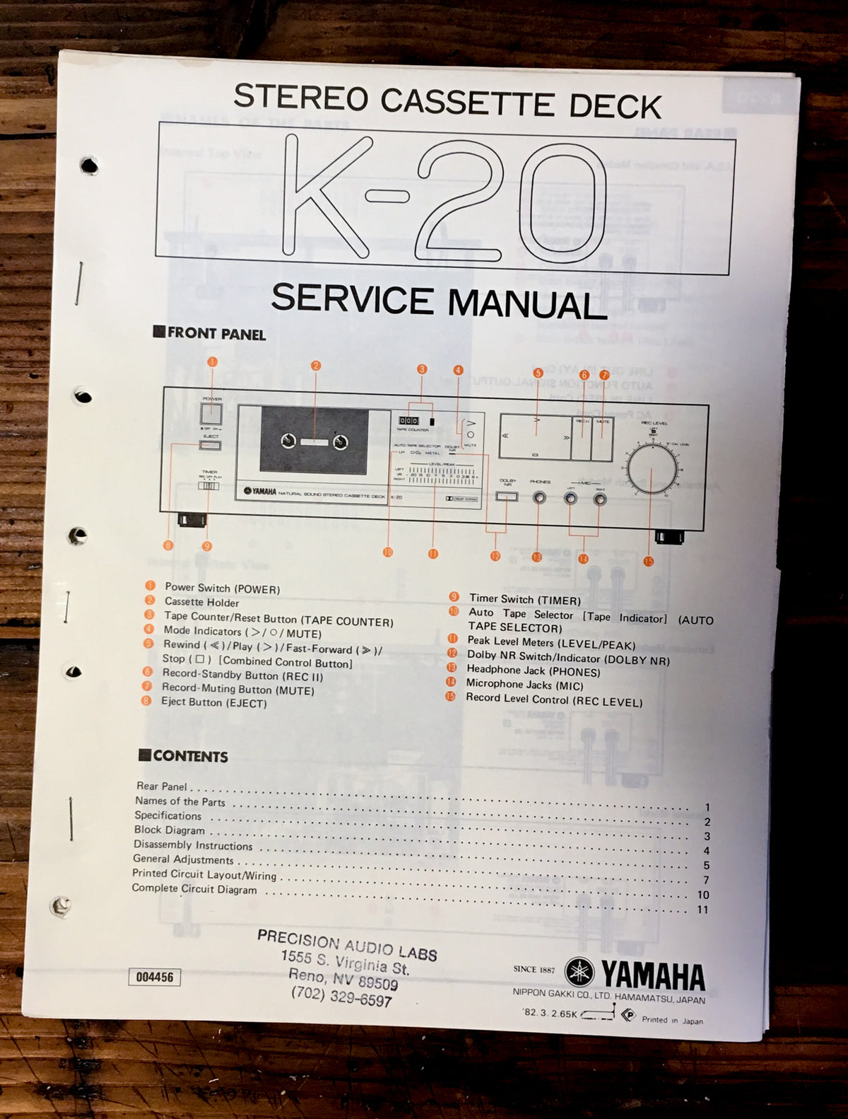 Yamaha K-20 Cassette Service Manual *Original*