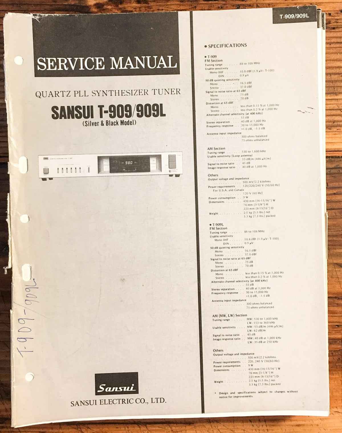 Sansui T-909 Tuner  Service Manual *Original*