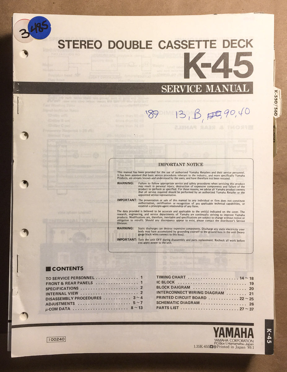 Yamaha K-45 Cassette  Service Manual *Original*
