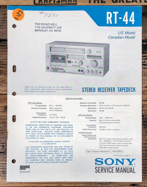 Sony RT-44 Receiver  Service Manual *Original*