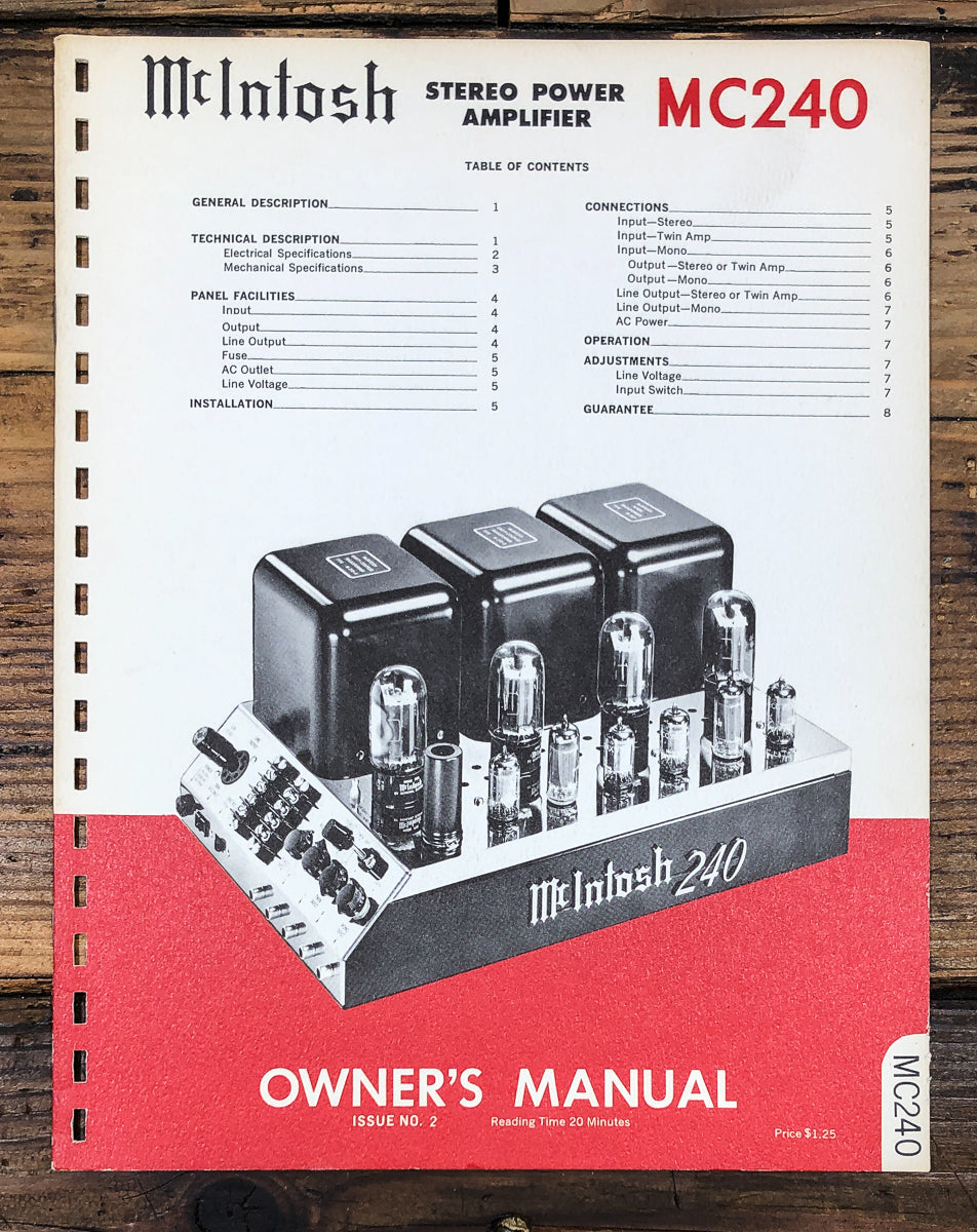 McIntosh MC-240 MC240 Amplifier Issue #2 Owners / User Manual *Original*