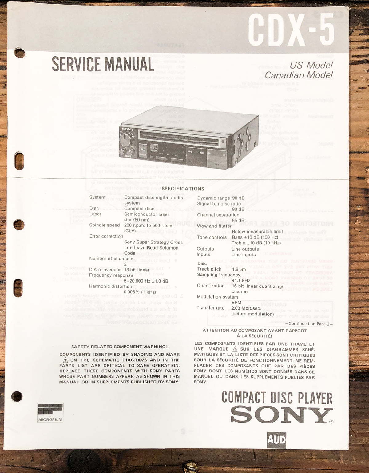 Sony CDX-5 CD Player Service Manual *Original*
